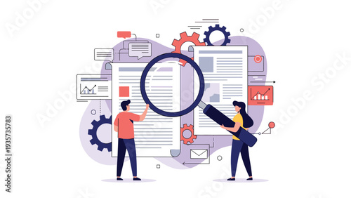 Business experts examining corporate documents and data through a large magnifying glass to ensure quality control and thorough internal auditing.