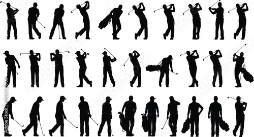 Golf player silhouettes collection showing different swing poses golfer actions sport activity set isolated black vector illustration