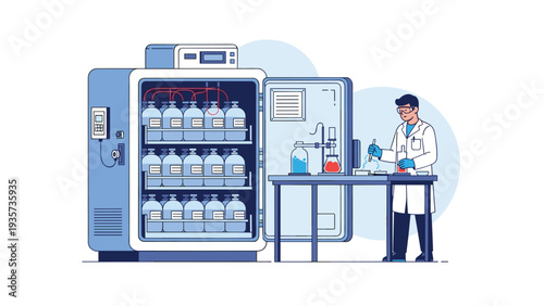 Professional laboratory scientist conducting medical research using a large controlled incubator filled with chemical samples and test bottles.