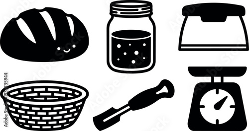 Flat design bakery icon set with smiling loaf jar basket dough scraper kitchen scale simple black vector silhouettes cute minimalist