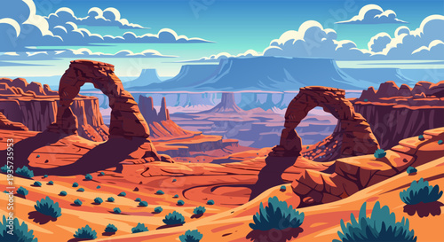 Vast Desert Landscape with Natural Rock Arches Under a Bright Blue Sky with Fluffy Clouds