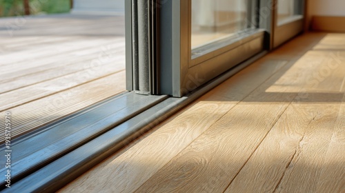 Stunning photo of close-up of a modern low-profile sliding glass door threshold track on a light oak wood floor leading to a terrace.