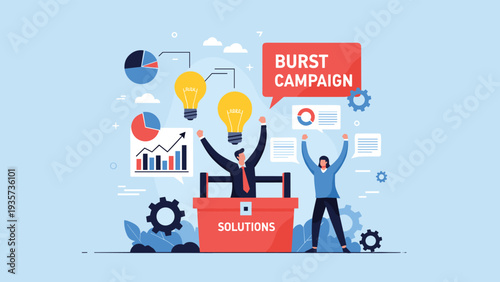 Creative team celebrating inside a business solutions box during a successful burst marketing campaign launch with charts and bright ideas.