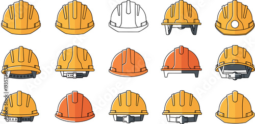Construction safety helmet collection in flat vector style isolated on light background, hard hat icons for engineering, industry, building workers protection equipment design