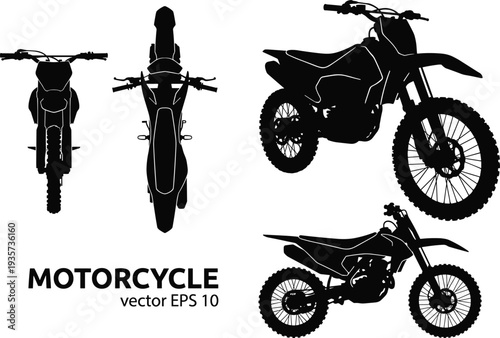Motocross dirt bike silhouette collection, off road motorcycle with front and side views, extreme sport motorbike vector illustration set