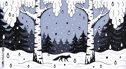 A solitary fox walks through a snowy forest with falling snowflakes and dripping icicles, evoking a winter wonderland scene