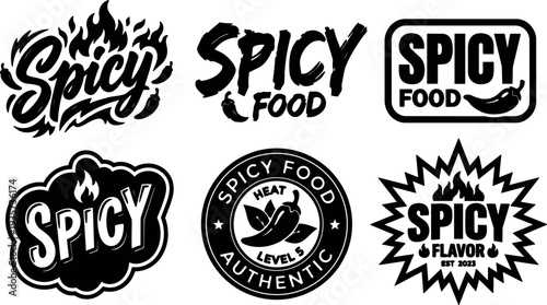 Hand lettering badge vector pack with six spicy food logo designs chili peppers flame icons bold black white vintage round