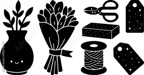 Flat design close up cute vase and wrapped bouquet with scissors spool tags sponge and floral craft tools in silhouette