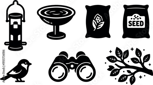 Flat icon set showing bird feeder birdbath seed bags bird silhouette binoculars and leafy branch in minimalist black style vector