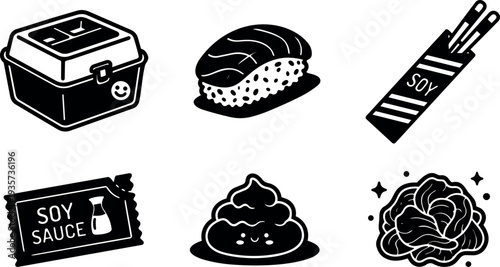 Minimalist icon flat design bento box nigiri sushi chopsticks soy sauce packet wasabi cabbage close up simple black silhouette illustration