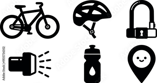 Flat design bicycle accessory icon set showing side bike helmet lock flashlight water bottle smiling location pin in black silhouette