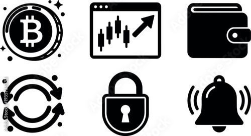 Flat design set of crypto icons close up bitcoin coin upward chart wallet sync arrows padlock notification bell black vector