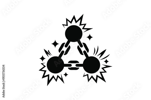Black and white vector silhouette of chain links connecting three circles with explosion effects