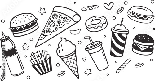 Fast Food Doodle Line Art Illustration.
Fast food doodle collection, hand-drawn vector line art illustration, black and white outline style.
Hand Drawn Vector Clip Art. Banner Set Logos.