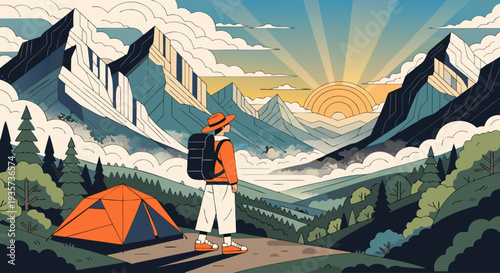 A hiker with a backpack looks out at a stunning mountain vista with a tent pitched in the foreground, bathed in the golden light of sunrise, evoking a sense of adventure and tranquility