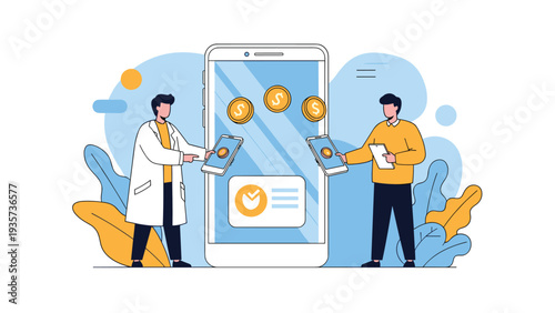 Professional people using mobile tablets and smartphones for electronic money transfers and financial payments through a secure digital platform.