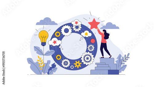 Professional woman placing a star on a large circular design with gears and clouds symbolizing innovation and successful business achievement.