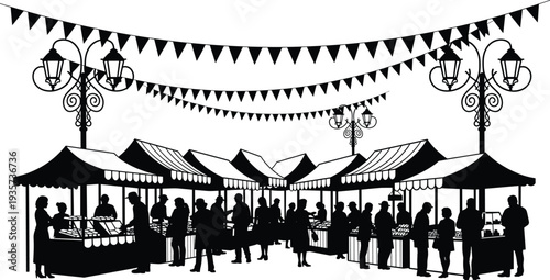 Outdoor market silhouette, vendor stalls, festive pennant flags, ornate street lamps, community commerce, urban shopping, cultural vibrancy, public event, celebration art