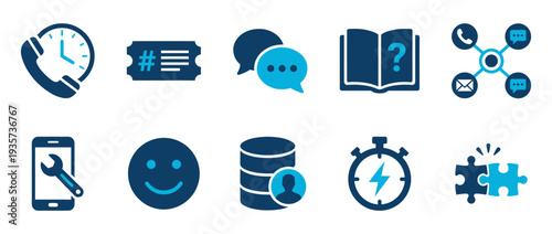 Customer service and technical support icon set. Featuring help desk, chat, FAQ, CRM, and user feedback. Flat duotone vector pictograms for communication.
