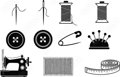 Sewing tools and materials vector icons set featuring needles, thread spools, buttons, safety pin, pincushion, sewing machine, fabric, and measuring tape