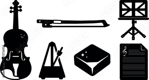 Flat design silhouette close up violin and bow with metronome music stand rosin and sheet music icons on white background