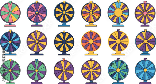 Colorful Prize Wheel Spin Game Icon Set Featuring Lucky Fortune Spinner Carnival Wheel of Fortune Gambling and Contest Game Elements.