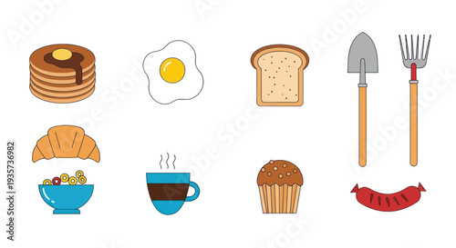 Breakfast food and gardening tools illustration