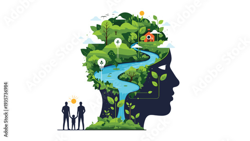 Silhouette of a human head filled with a lush green forest landscape and a blue river representing environmental consciousness and mental health.