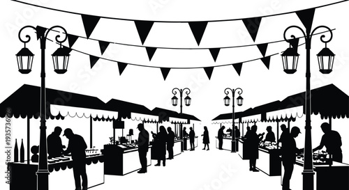 Outdoor market silhouette, vendor stalls, festive pennant flags, street lamps, community commerce, cultural vibrancy, urban shopping, public event, celebration art