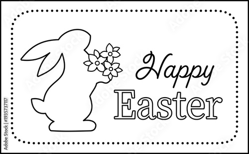 Easter Bunny Greeting Card Coloring Template.
Cute Easter Bunny Holding Flowers Coloring Page.
Adorable Easter Rabbit with Flowers Outline Illustration. SVG.