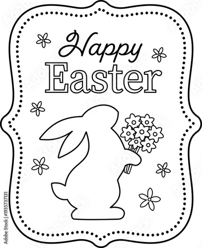 Easter Bunny Greeting Card Coloring Template.
Cute Easter Bunny Holding Flowers Coloring Page.
Adorable Easter Rabbit with Flowers Outline Illustration. SVG.