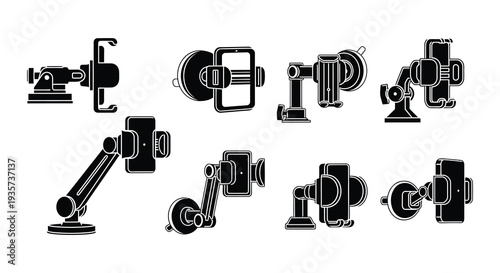Collection of robotic arms in various poses monochrome illustration
