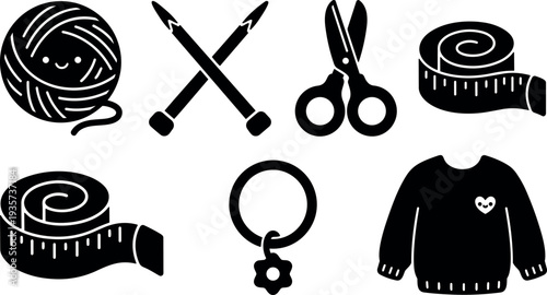 Flat design knitting icons set with smiling yarn ball crossed needles scissors measuring tape sweater and stitch marker close up