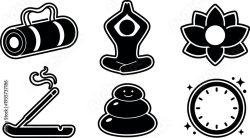 Flat design wellness icon set showing yoga pose meditation incense stick stones mat and relaxation clock in bold monochrome style