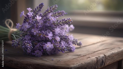 Lavender Bunch on Rustic Wooden Table Peaceful Home Decor
