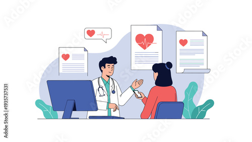 Professional doctor explaining heart health reports to a female patient in a clinic while digital medical documents are displayed in the background.