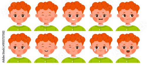 Set of cute redhead boy character with different facial expressions. Child avatar with various emotions as happy, sad, surprised, angry, confused and smiling. Isolated vector illustration