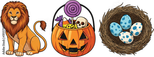 Majestic Sitting Lion Character, Jack O Lantern Halloween Pumpkin Bucket with Candy, and Bird Nest with Blue Spotted Eggs Vector Illustration Bundle