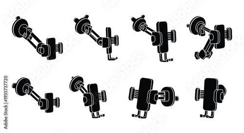 Collection of robotic arms in various poses monochrome illustration