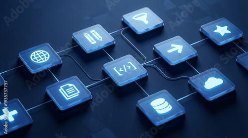 Modern Data Flowchart Visualization with Glowing Cloud, Database, and Globe Icons on Dark Surface
