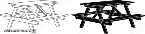 Picnic table silhouette set, wooden outdoor bench furniture, park garden seating illustration, camping picnic desk vector icon, isolated black line art