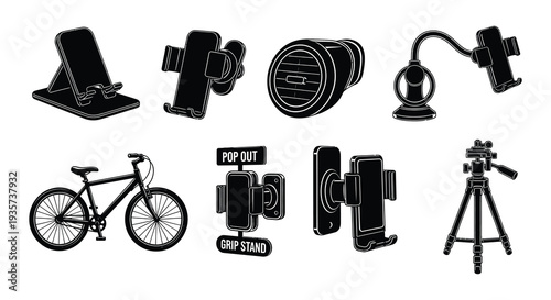 Various tech accessories and devices displayed in black and white illustrations