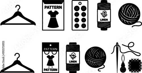 Flat design sewing icons set close up layout with hanger pattern buttons linen thread yarn needle and stitch tools collection