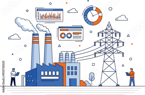 Professional flat vector illustration of a power plant factory with smoking chimneys electricity pylons and data monitoring dashboards