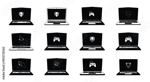 Gaming setup icons laptop controller keyboard headset and accessories