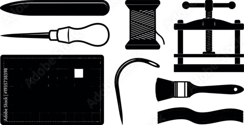 Minimalist vector set showing top view leathercraft tools awl needle thread spool cutting mat press bone folder glue brush workshop