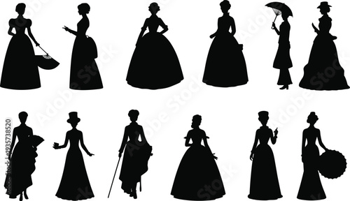 Victorian women silhouette collection with elegant vintage dresses, parasol, fan and hats, classic 19th century lady fashion characters isolated black vector set