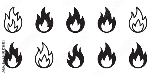 Set of black fire icons, flame symbols vector collection isolated on white background, hot fire sign
