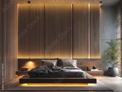 Modern bedroom with warm wood paneling and ambient lighting. Bed rests on minimalist platform with soft underglow. Rounded nightstand and potted plant add cozy detail