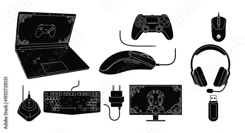 Gaming setup icons laptop controller keyboard headset and accessories